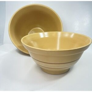 Vintage Over & Back Melmac Yellow Ware Mixing Bowl Set 9" & 11" Tan Stripe USA